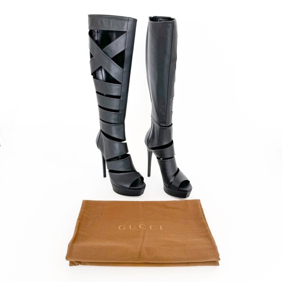 Gucci Helena Babylon Cutout Knee High Boots EU 36 US 6 Black Leather High Heel - Picture 1 of 15